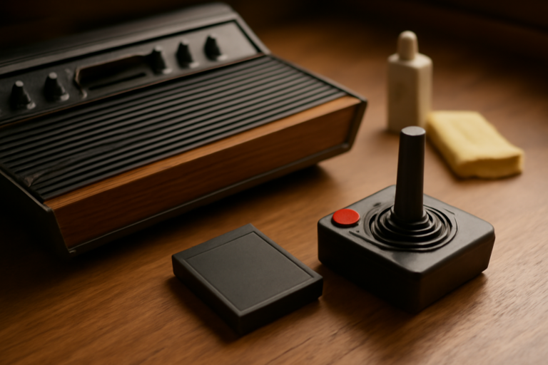 Konsol Atari 2600 dengan joystick pengganti dan aksesori perawatan di atas meja kayu