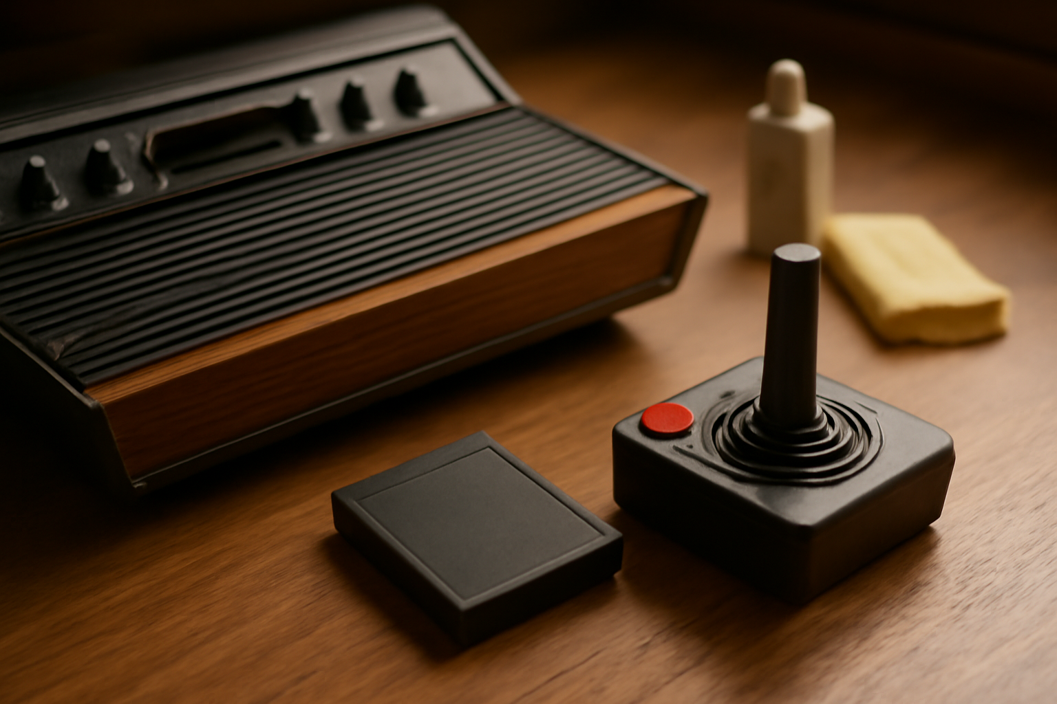 Konsol Atari 2600 dengan joystick pengganti dan aksesori perawatan di atas meja kayu