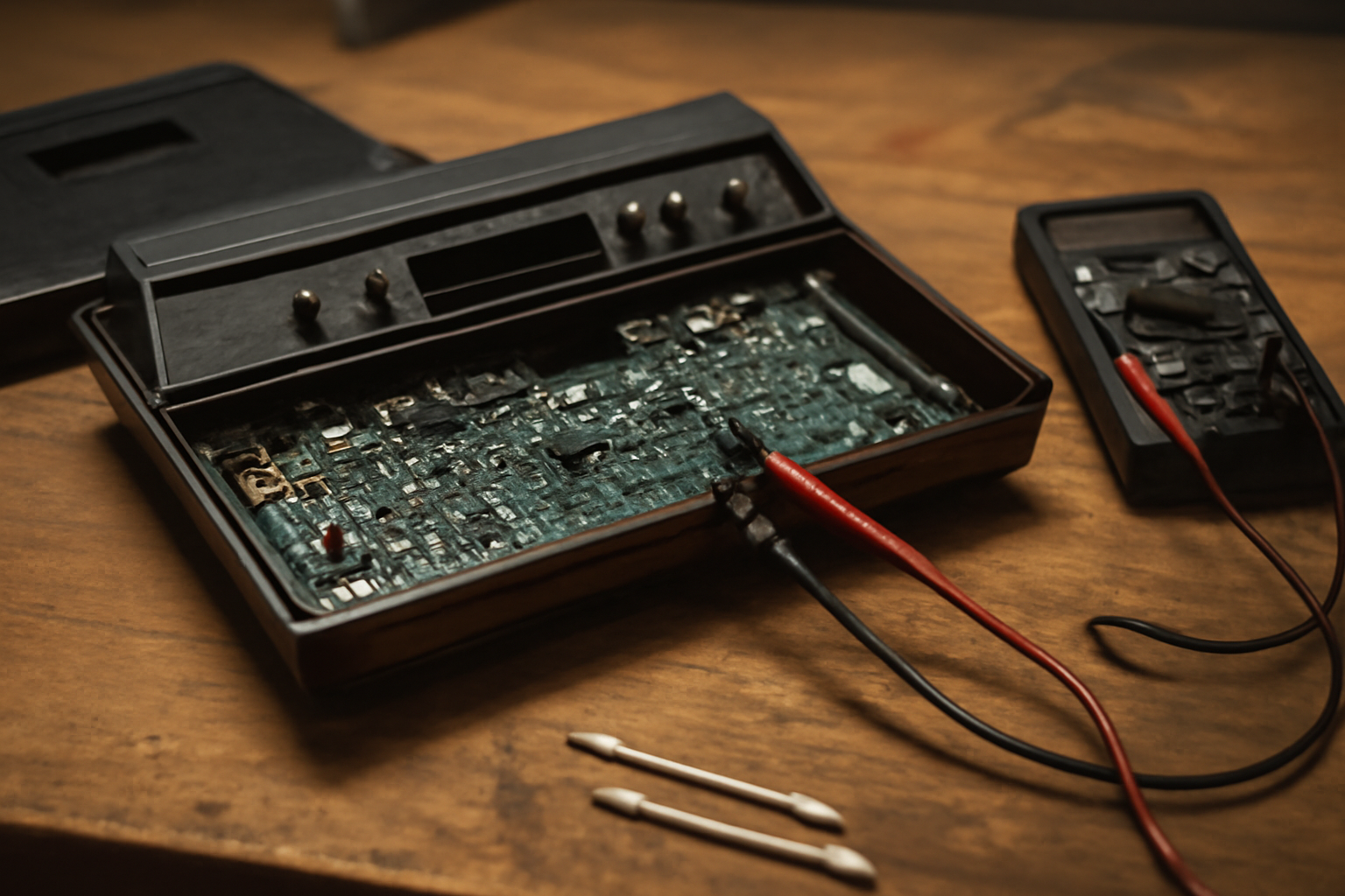 Konsol Atari 2600 dibuka di meja kerja dengan multimeter dan alat servis