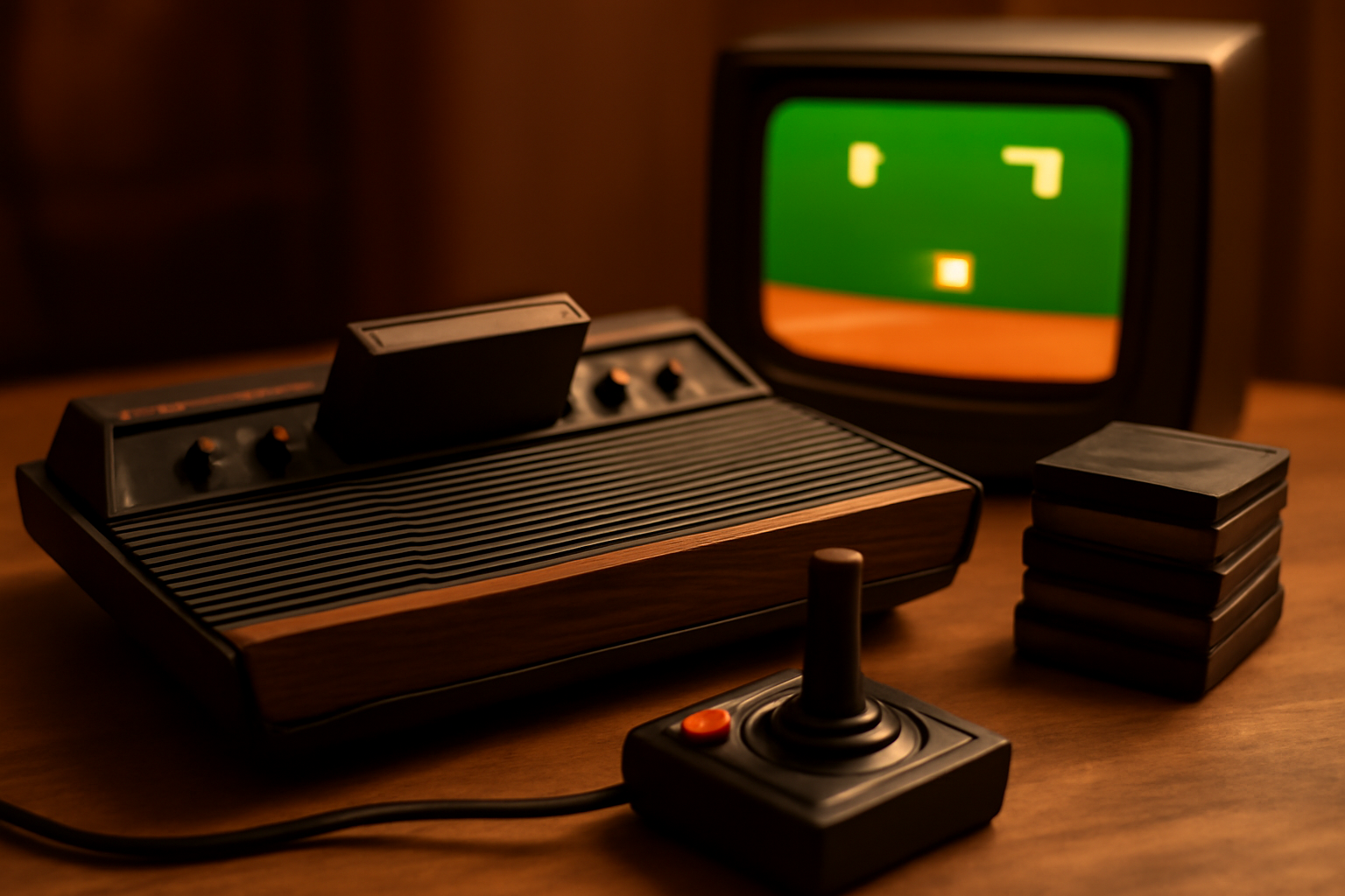 Konsol Atari 2600 dengan joystick dan tumpukan kartrid di atas meja kayu