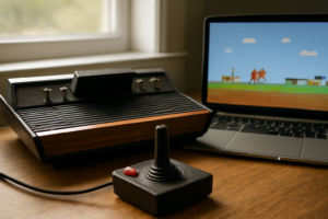 Konsol Atari 2600 klasik di samping laptop yang menampilkan game retro, dengan joystick di depan