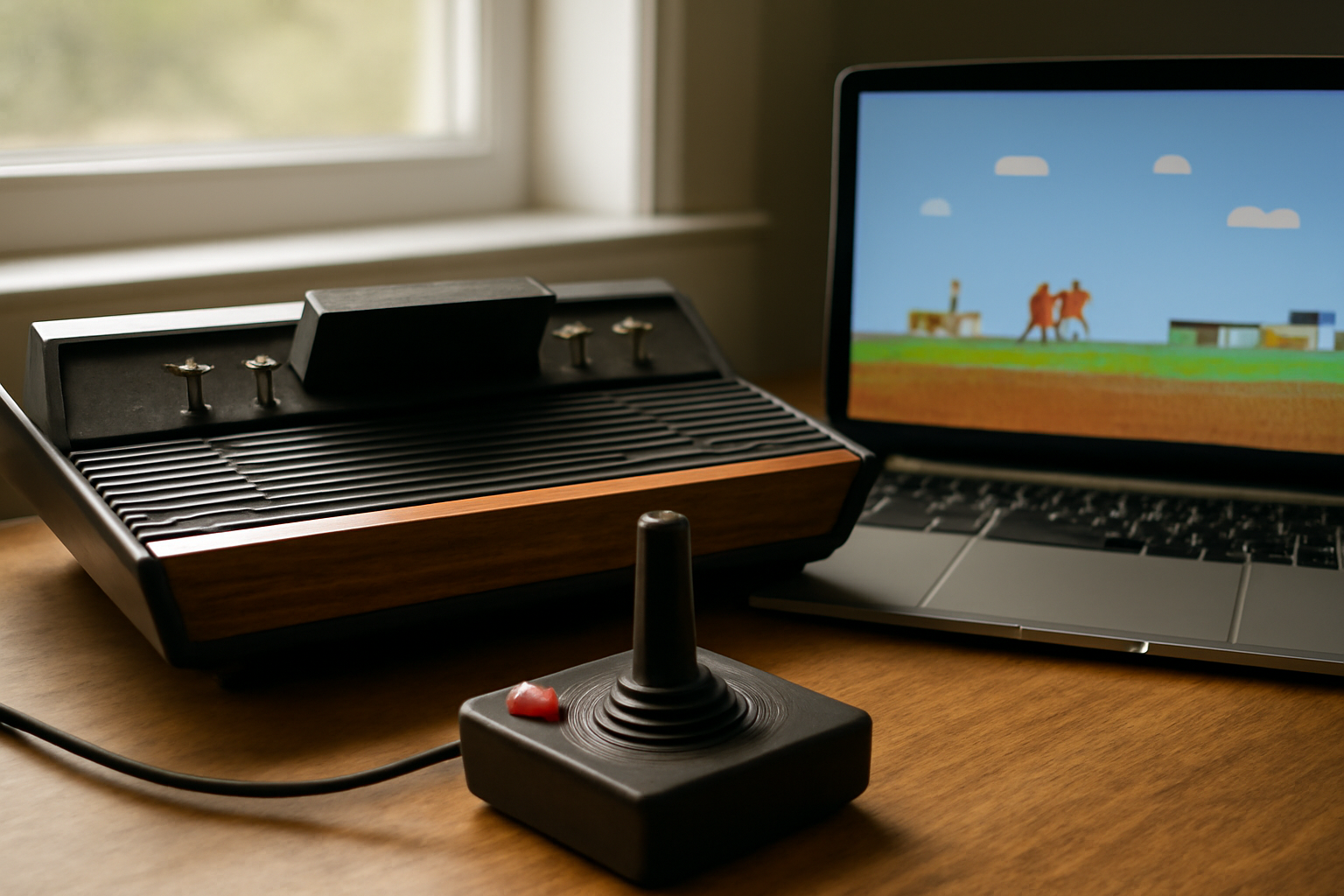 Konsol Atari 2600 klasik di samping laptop yang menampilkan game retro, dengan joystick di depan