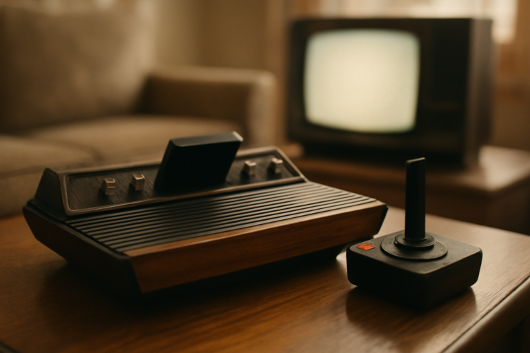 Konsol Atari 2600 dengan joystick di atas meja kayu, layar TV tabung menyala di belakang