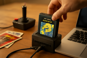 Kartrid Atari 2600 dimasukkan ke pembaca kartrid yang terhubung ke laptop