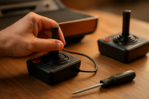 Joystick Atari 2600 sedang dilepas dari port konsol untuk diganti