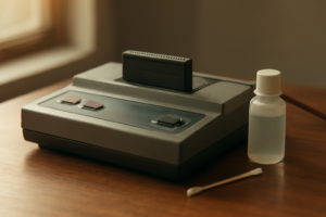 Konsol game retro dengan kartrid dan alat pembersih di atas meja kayu