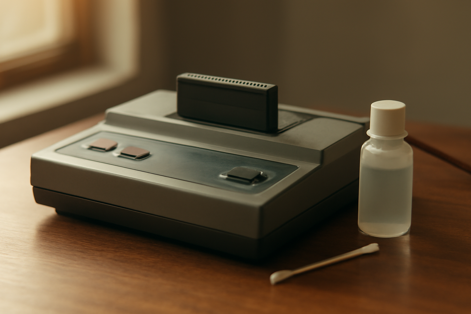 Konsol game retro dengan kartrid dan alat pembersih di atas meja kayu