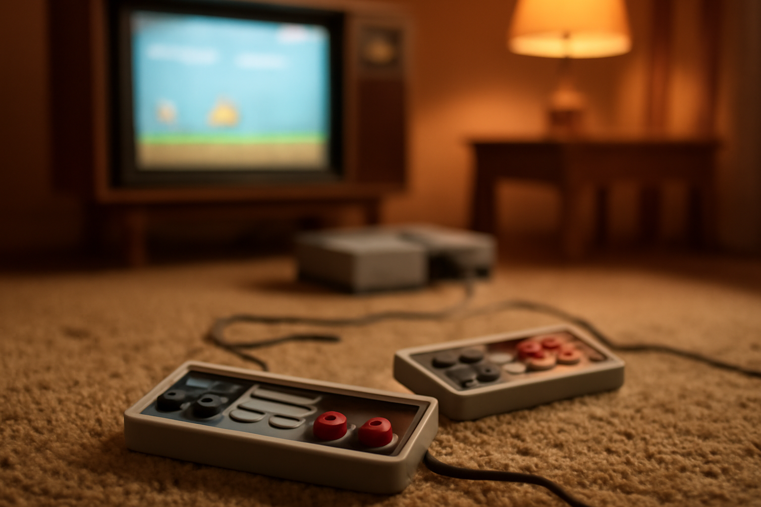 Dua joystick retro tergeletak di karpet dekat konsol dan televisi lama di ruang keluarga