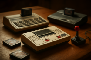 Tiga konsol Atari lawas berjajar di atas meja kayu bersama joystick dan cartridge
