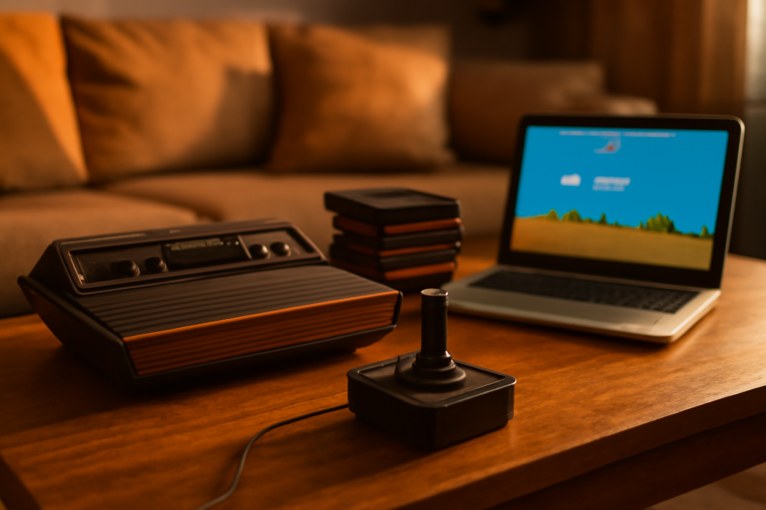 Konsol Atari 2600, kartrid, dan joystick di atas meja kayu dengan laptop di sebelahnya.