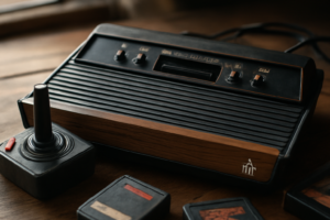 Konsol Atari 2600 model kayu dengan joystick dan kartrid game di atas meja kayu
